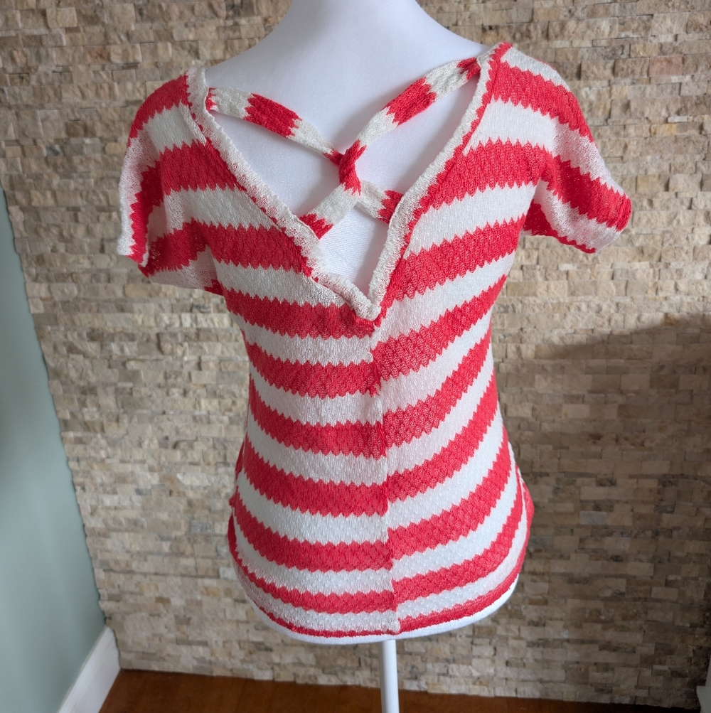 Tres Bien USA Vintage Striped Short Sleeve V-Neck Open Knit Sweater Top image 2
